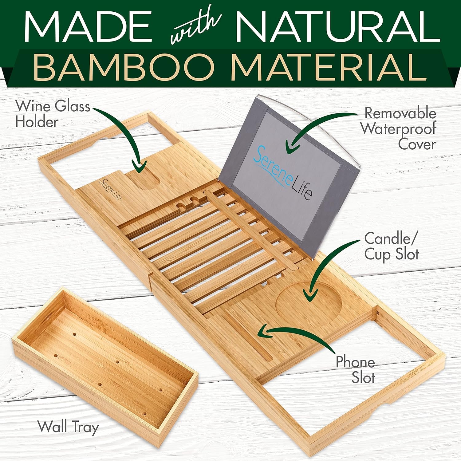 Luxury Bamboo Bathtub Caddy Tray - Adjustable Natural Wood Bath Tub Organizer 