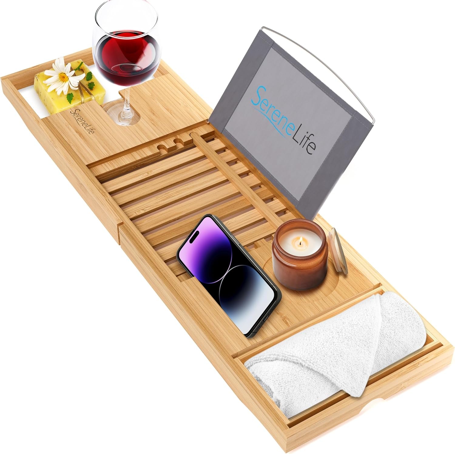 Luxury Bamboo Bathtub Caddy Tray - Adjustable Natural Wood Bath Tub Organizer 