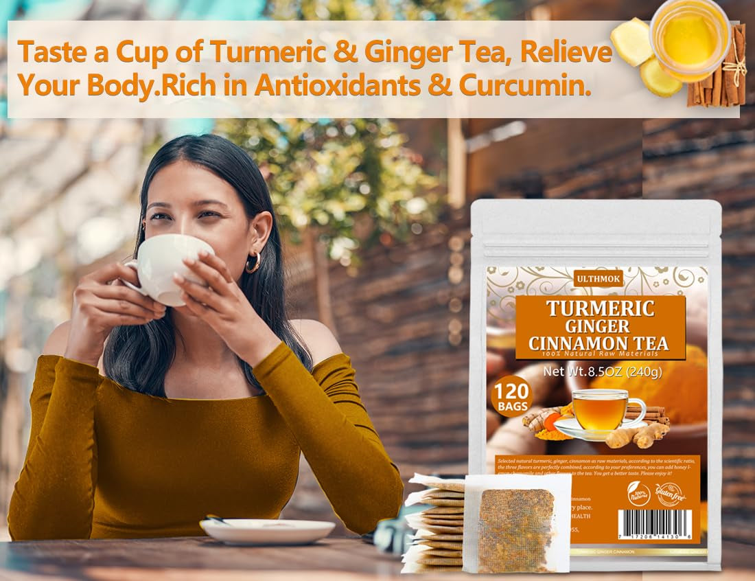 120 Premium Turmeric, Ginger, Cinnamon Blend Tea Bags, 100% Natural &amp; No Additives &amp; Caffeine Free.