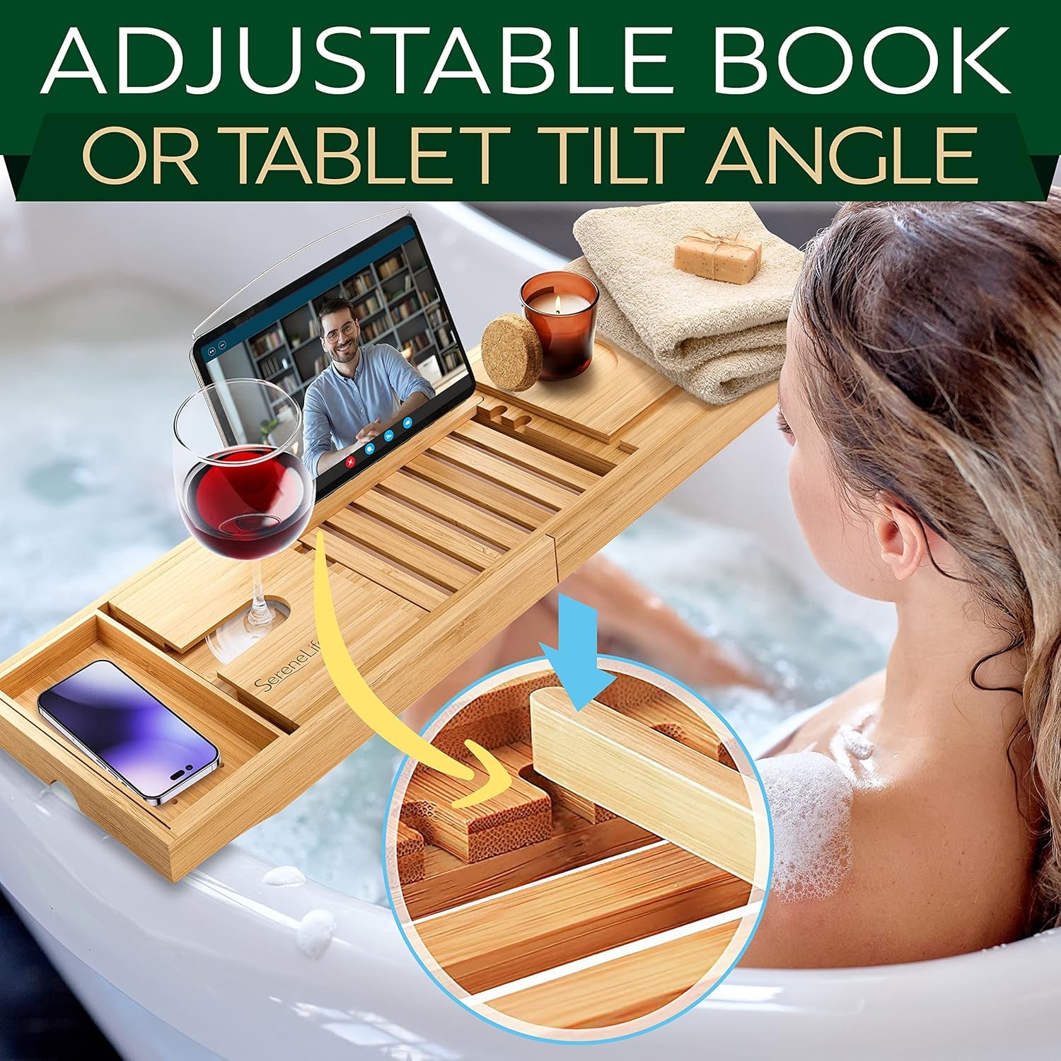 Luxury Bamboo Bathtub Caddy Tray - Adjustable Natural Wood Bath Tub Organizer 
