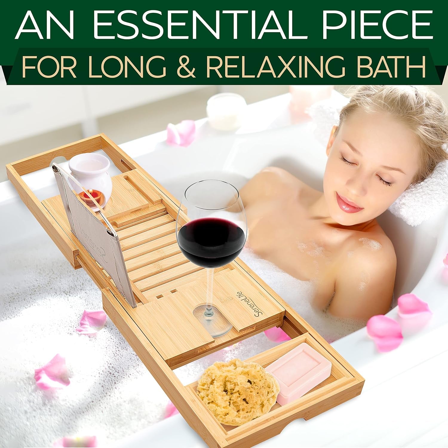 Luxury Bamboo Bathtub Caddy Tray - Adjustable Natural Wood Bath Tub Organizer 