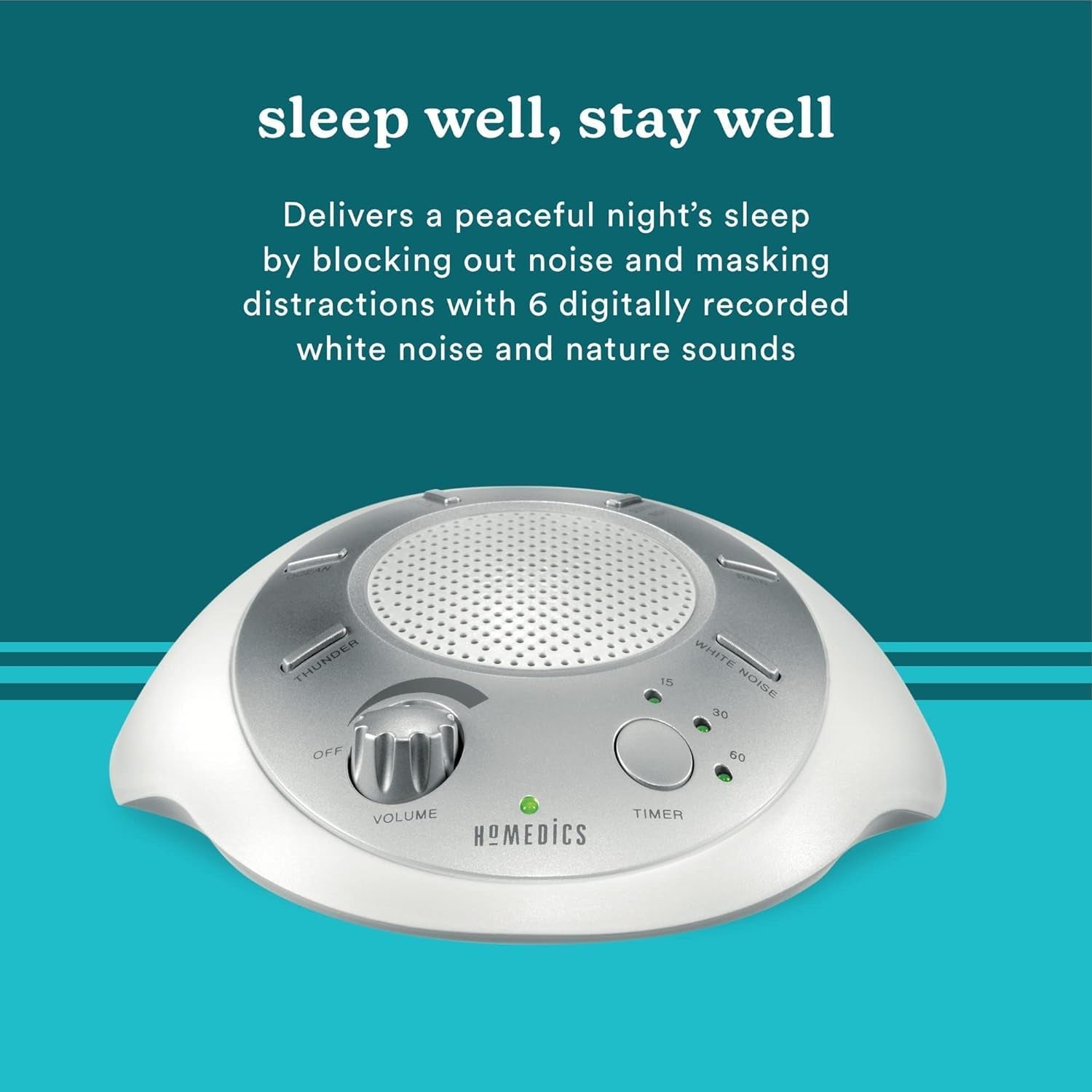 Soundsleep White Noise Sound Machine, Silver, Small Travel Sound Machine with 6 Relaxing Nature Sounds, Portable Sound Therapy for Home, Office, Nursery, Auto-Off Timer, by