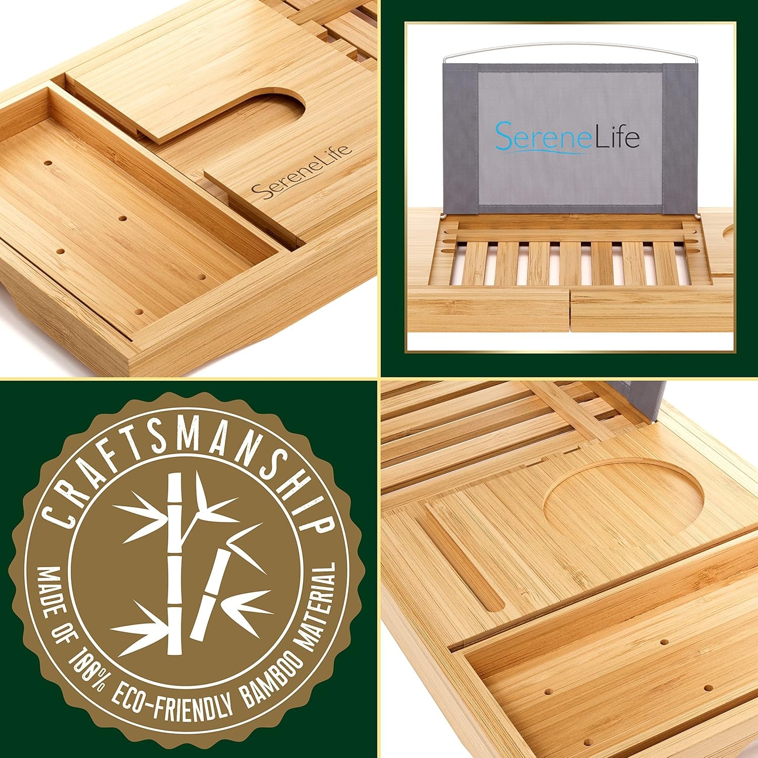 Luxury Bamboo Bathtub Caddy Tray - Adjustable Natural Wood Bath Tub Organizer 