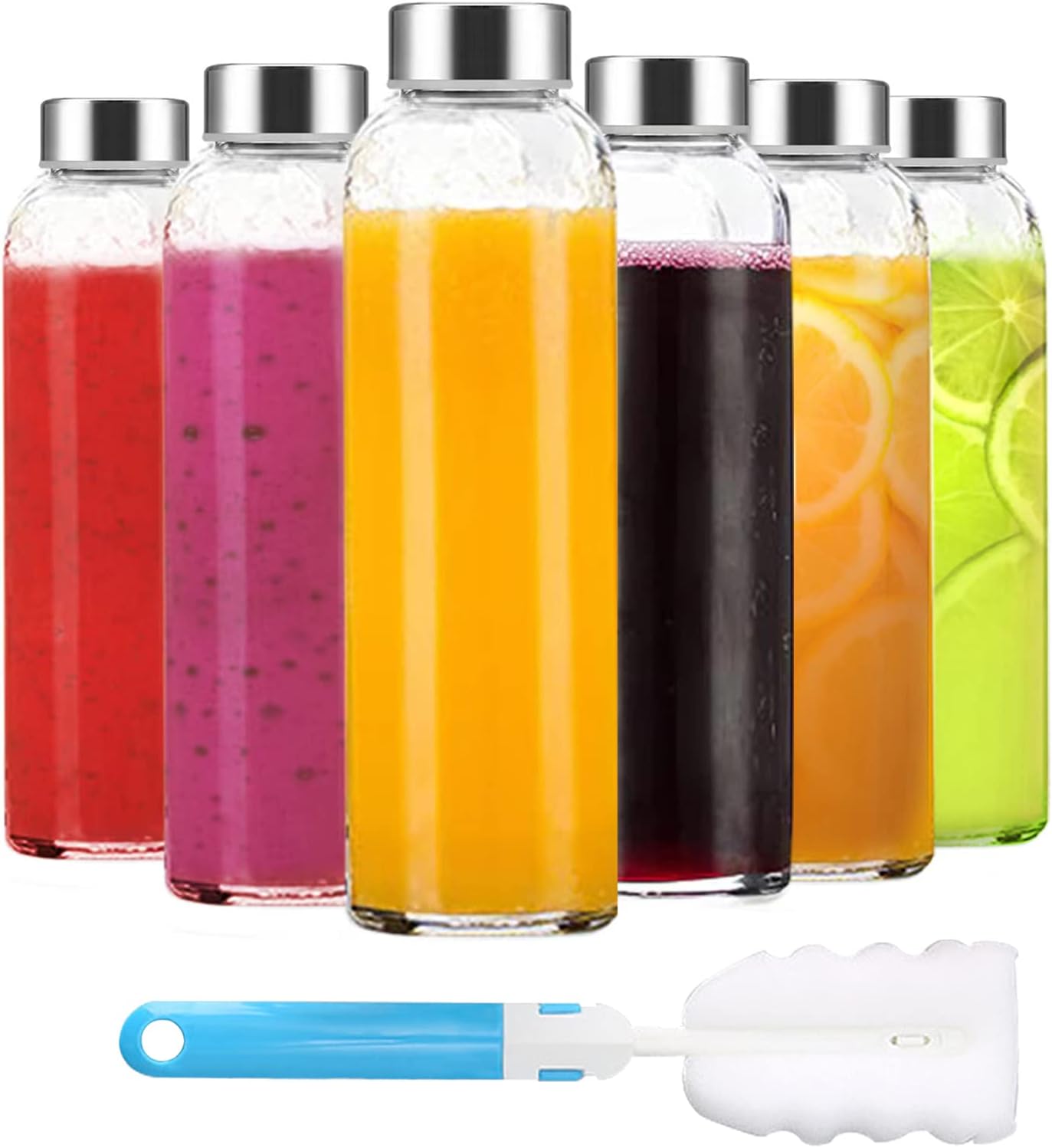 Clear Glass Bottles with Lids 18 Oz, for Juicing,Refrigerator,100% Leak Proof