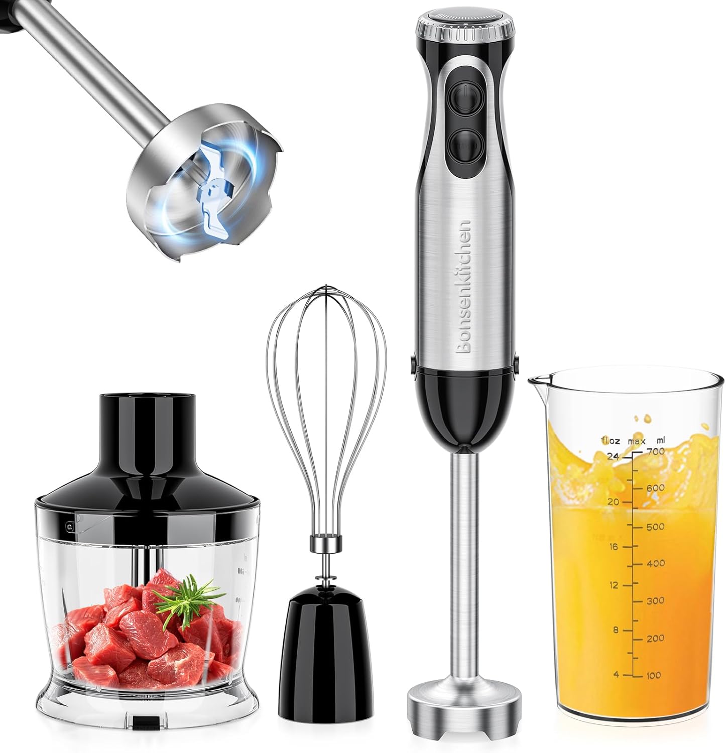 Immersion Blender, Speeds &amp; Turbo, 4-In-1 Stainless Steel Handheld Blender Stick Mixer 
