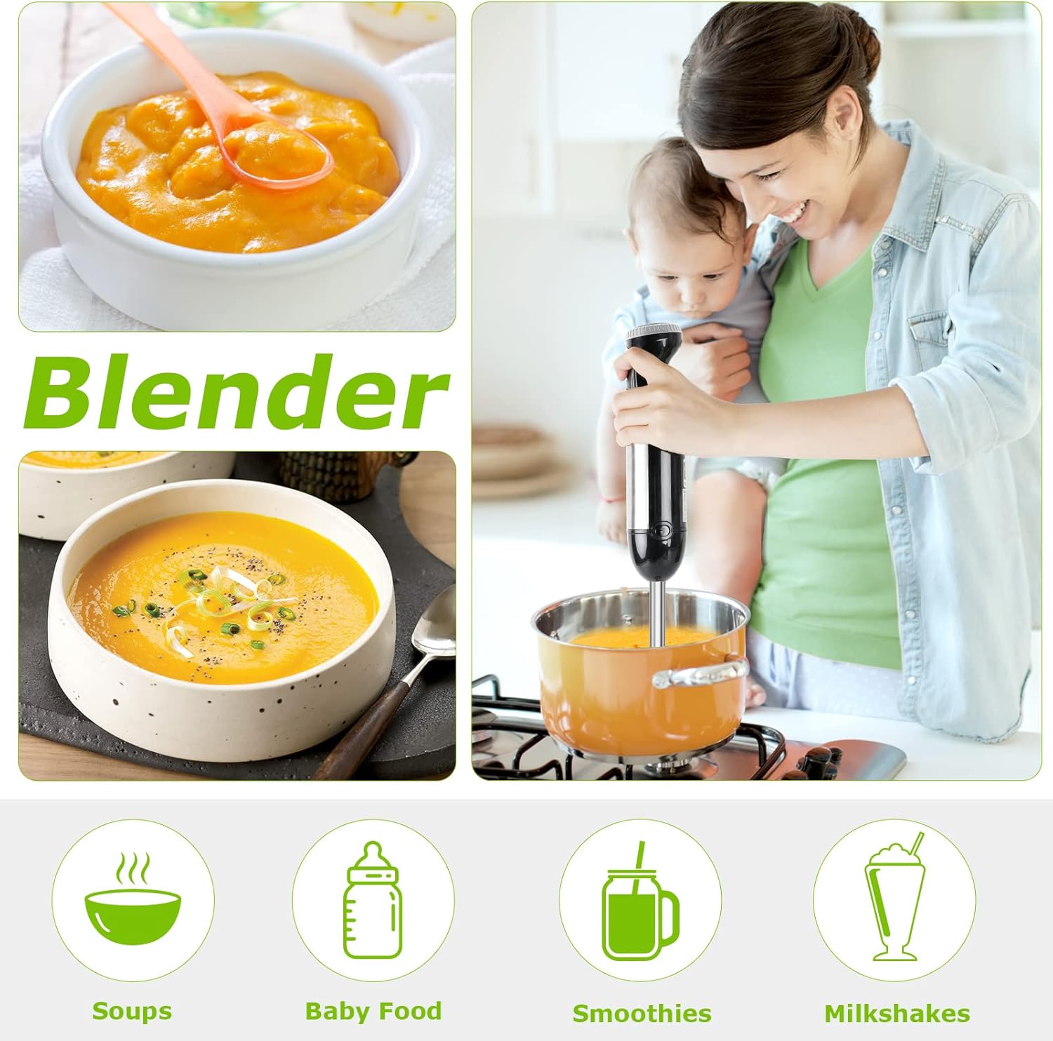 Immersion Blender, Speeds &amp; Turbo, 4-In-1 Stainless Steel Handheld Blender Stick Mixer 