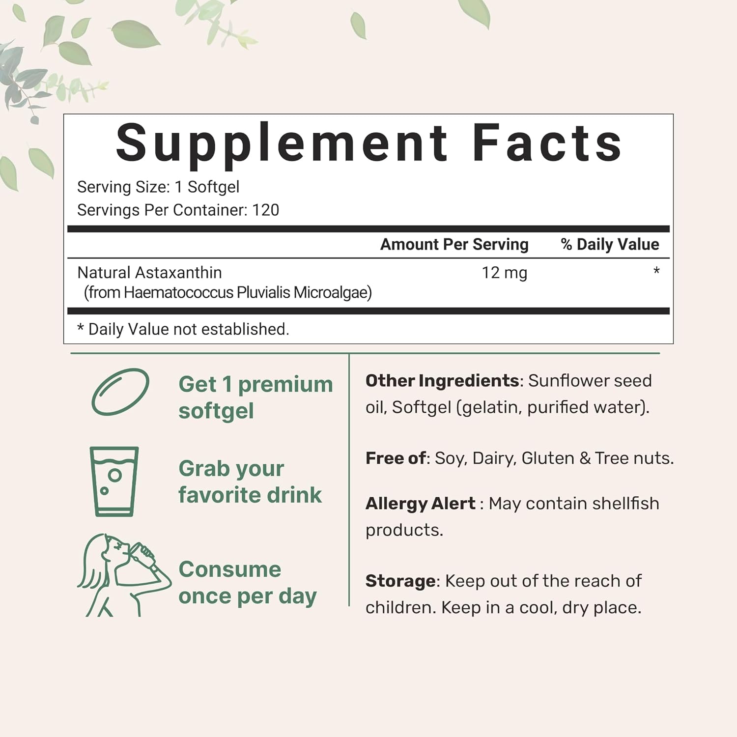 Astaxanthin 12Mg, Supports Eye, Joint, & Internal Circulation Health
