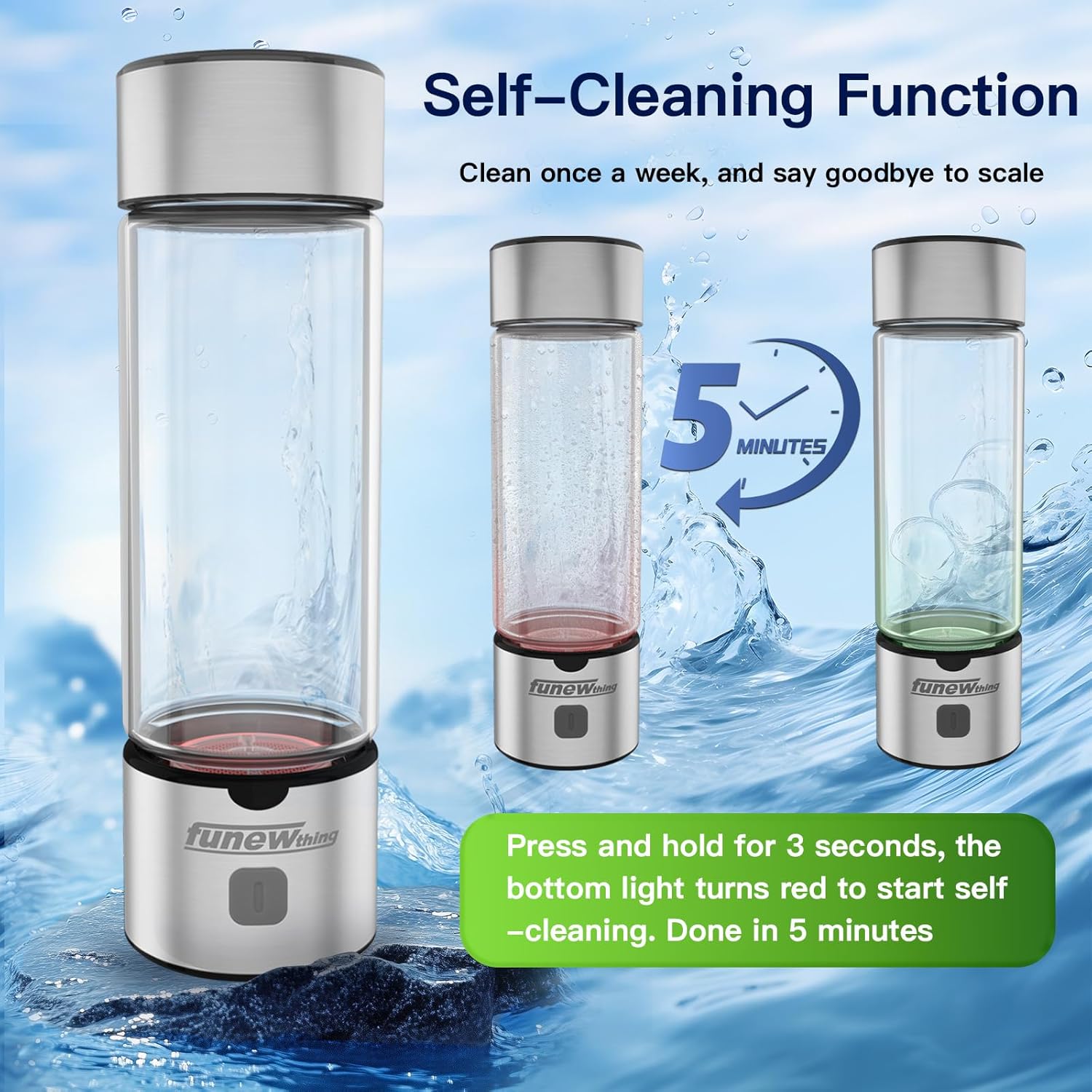 Hydrogen Water Bottle Generator, 1400Ppb Portable Water Ionizer Machine with SPE/PEM Technology in 3-Minute Electrolysis, Rechargeable Hydrogen Rich Glass Cup for Home Office Travel &amp; Fitness