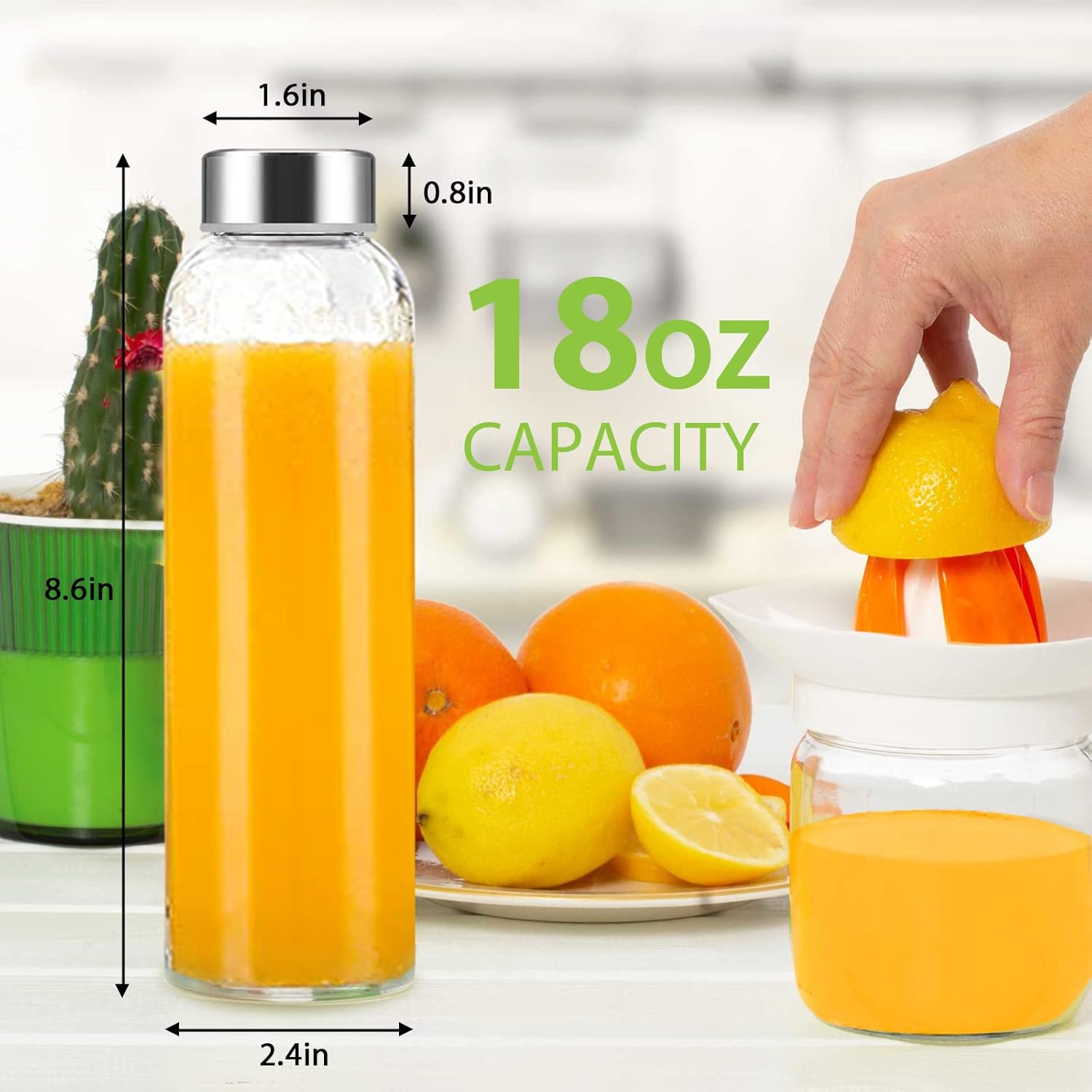 Clear Glass Bottles with Lids 18 Oz, for Juicing,Refrigerator,100% Leak Proof