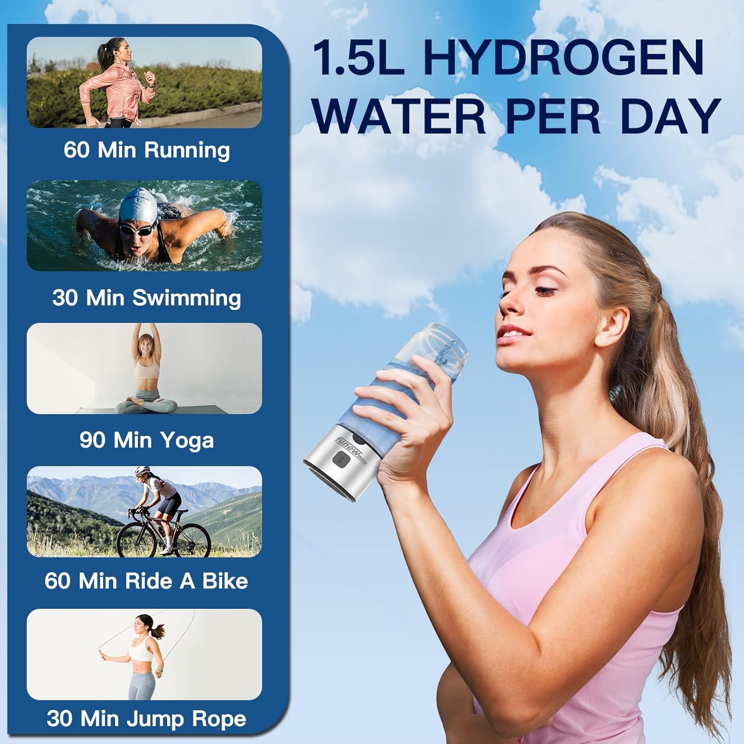 Hydrogen Water Bottle Generator, 1400Ppb Portable Water Ionizer Machine with SPE/PEM Technology in 3-Minute Electrolysis, Rechargeable Hydrogen Rich Glass Cup for Home Office Travel &amp; Fitness