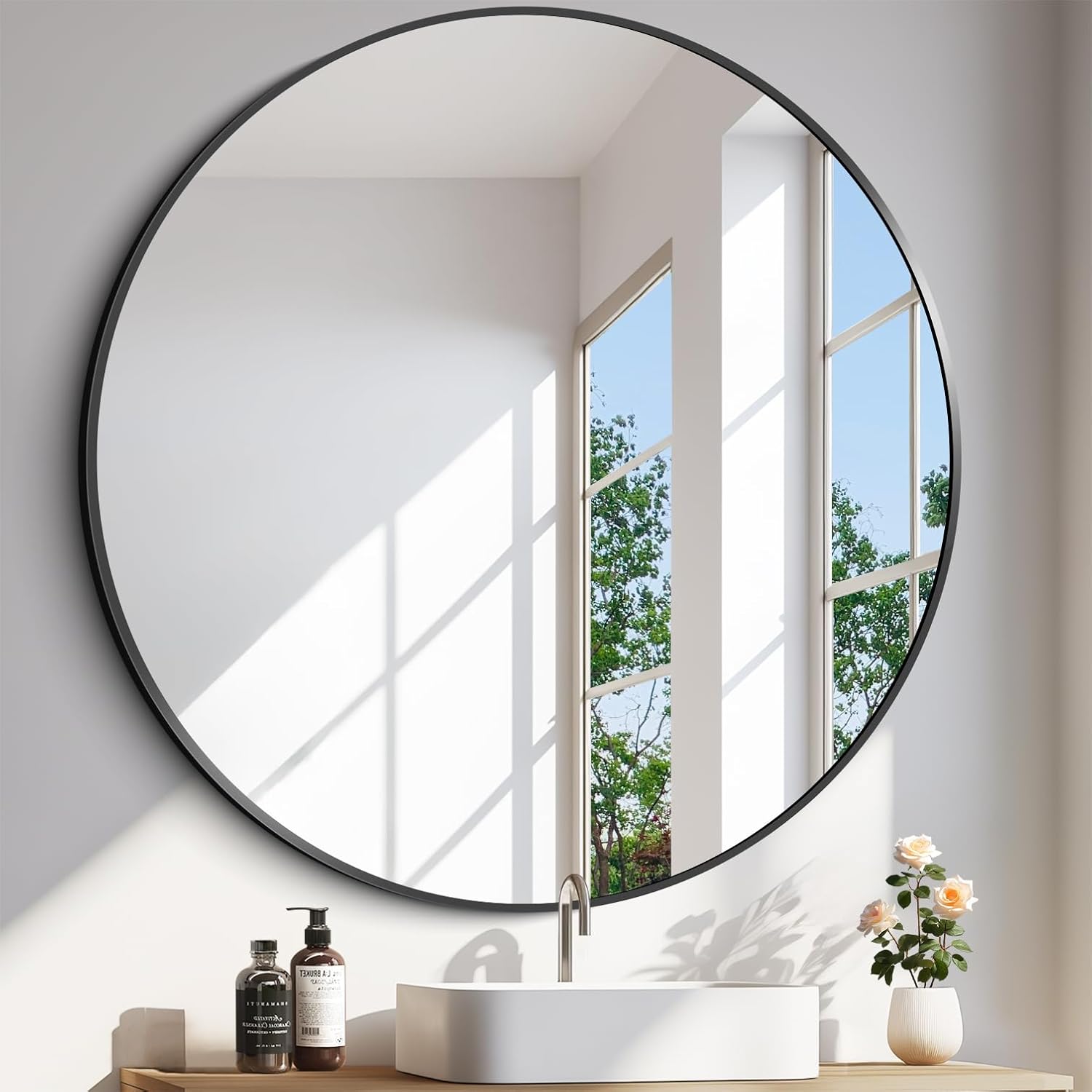 42 Inch Large round Mirror, Black Circle Mirror, Oversized round Bathroom Mirror