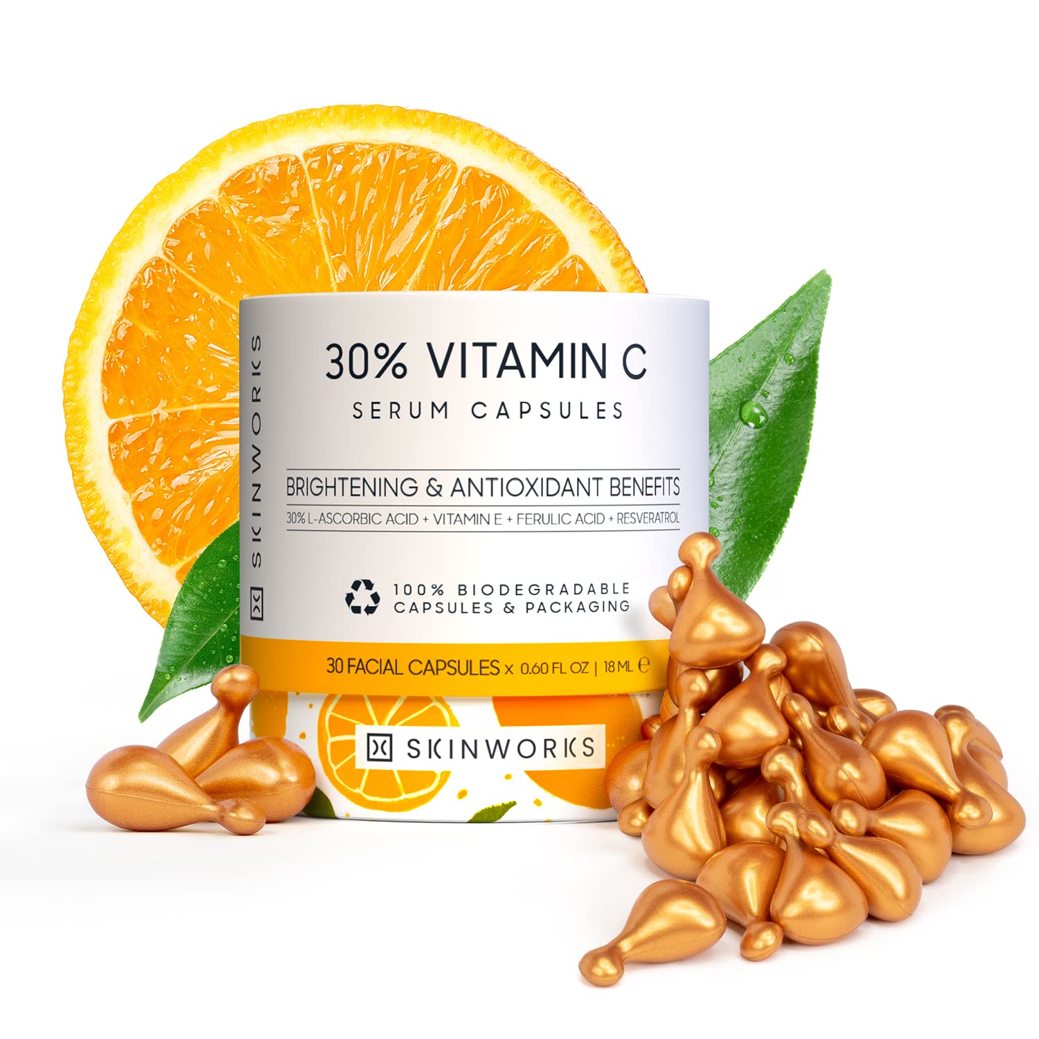 ULTRA POTENT 30% Vitamin C Serum for Face, Vitamin E Ferulic Acid Facial Glow Serums for Brightening, Dark Spots, Anti-Wrinkle, Anti-Aging, Unscented, 30 Capsules