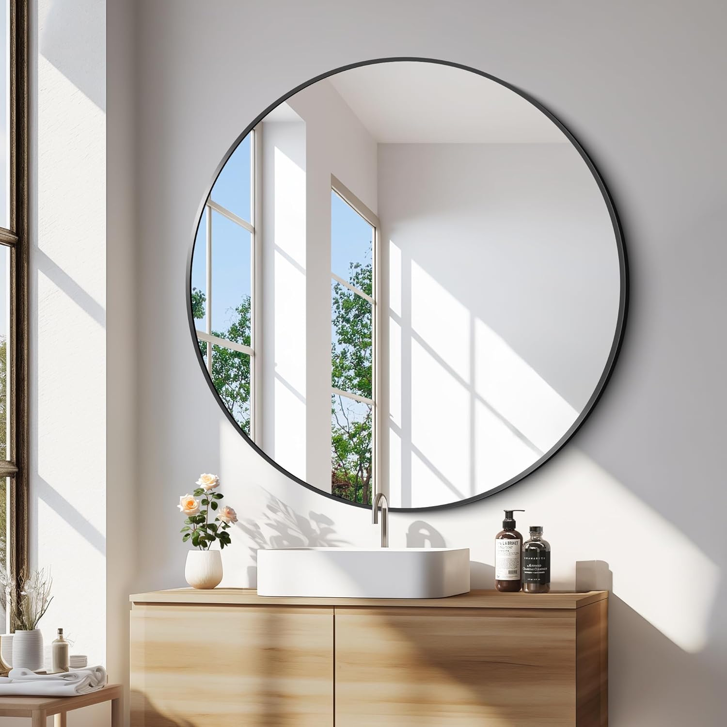42 Inch Large round Mirror, Black Circle Mirror, Oversized round Bathroom Mirror