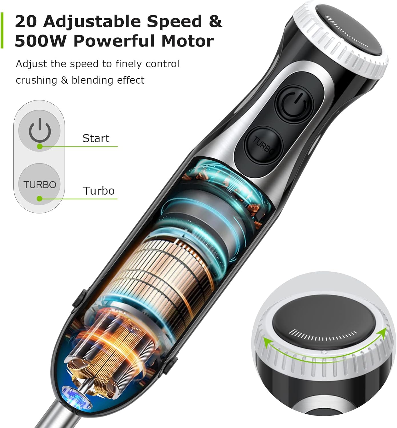 Immersion Blender, Speeds &amp; Turbo, 4-In-1 Stainless Steel Handheld Blender Stick Mixer 
