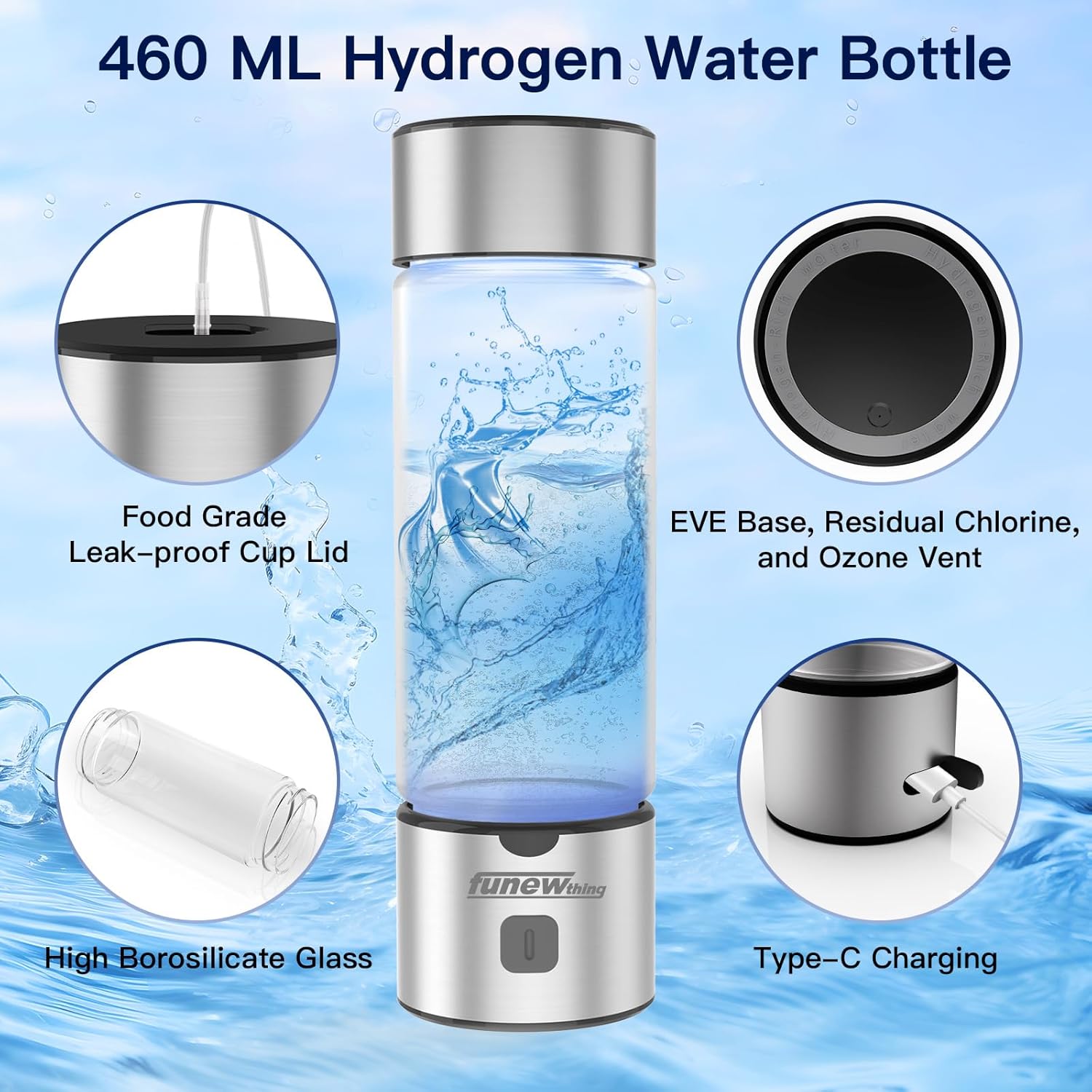 Hydrogen Water Bottle Generator, 1400Ppb Portable Water Ionizer Machine with SPE/PEM Technology in 3-Minute Electrolysis, Rechargeable Hydrogen Rich Glass Cup for Home Office Travel & Fitness