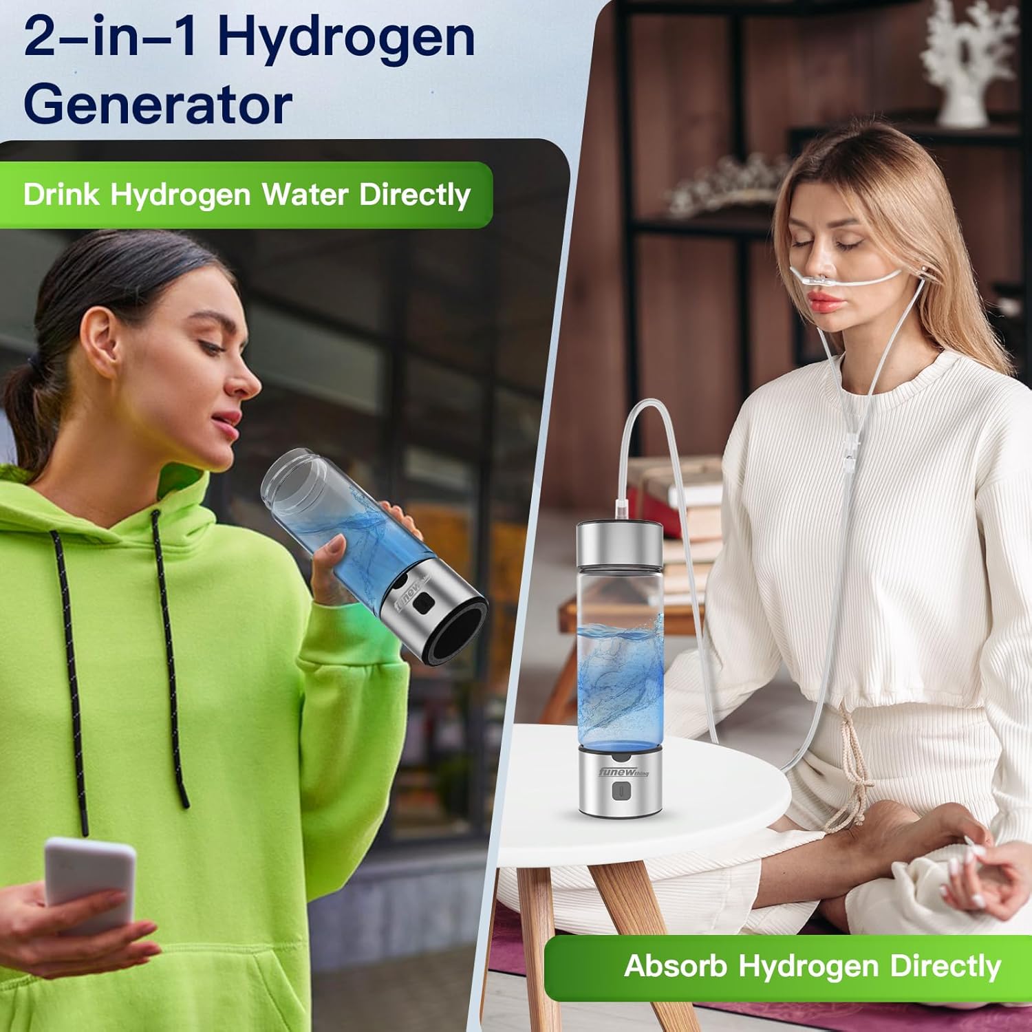 Hydrogen Water Bottle Generator, 1400Ppb Portable Water Ionizer Machine with SPE/PEM Technology in 3-Minute Electrolysis, Rechargeable Hydrogen Rich Glass Cup for Home Office Travel & Fitness