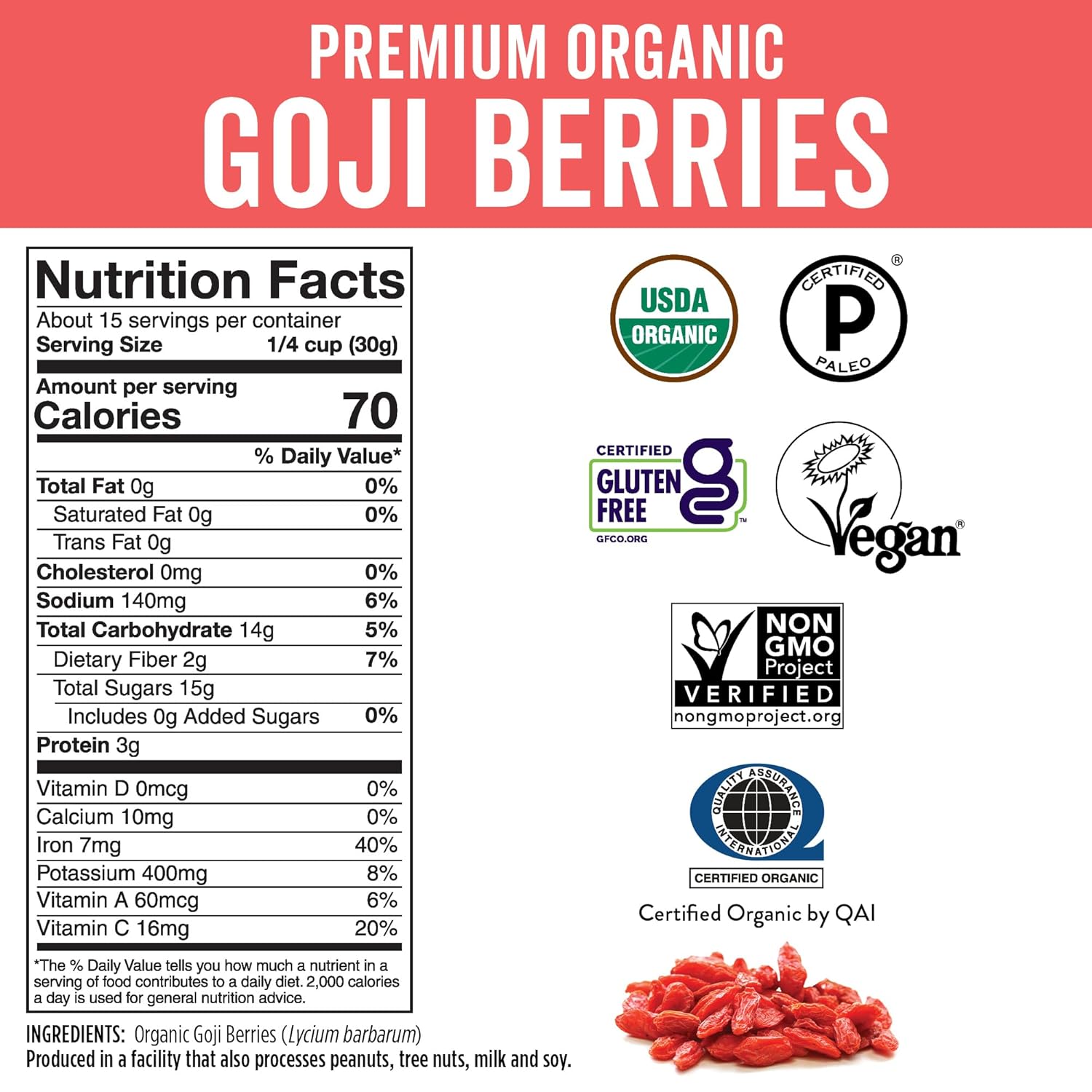 Organic Dried Goji Berries - Tea, Smoothies, Baking and Snacks
