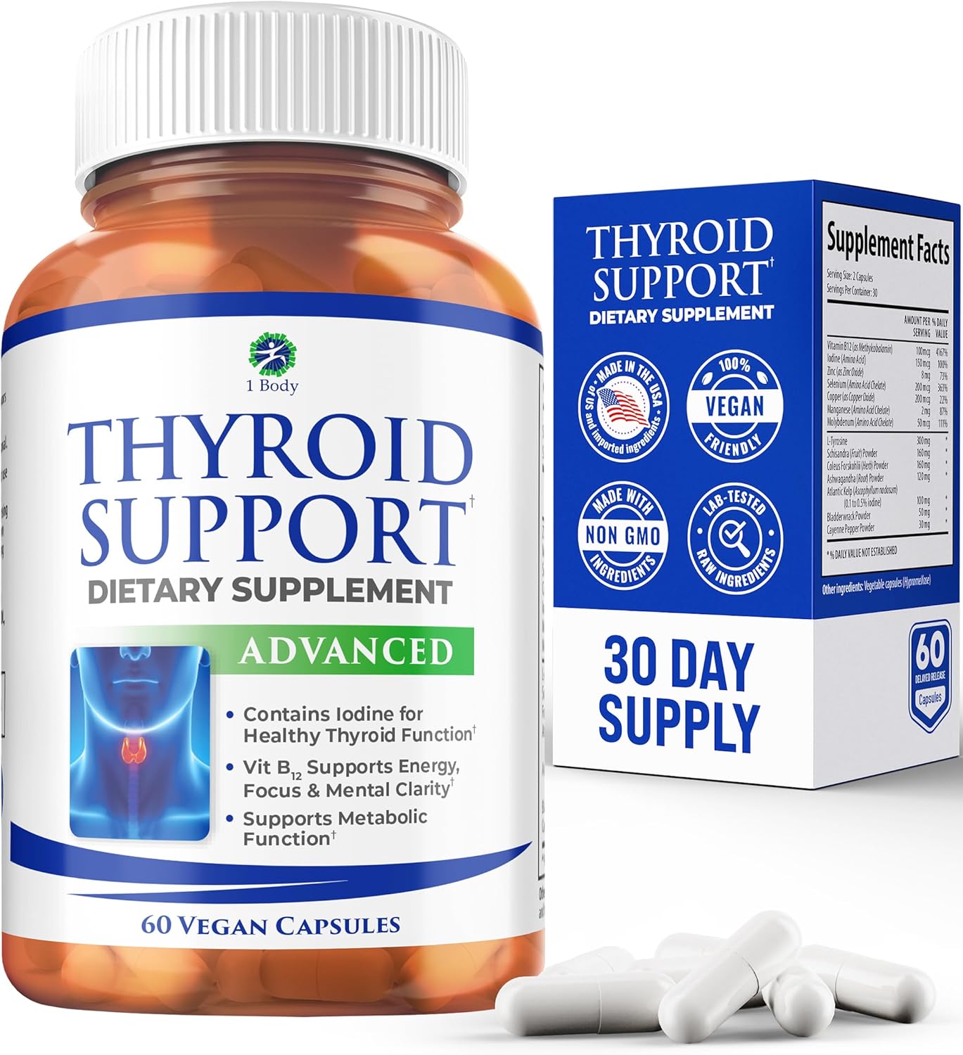 Thyroid Support Supplement with Iodine, B12, Zinc, Selenium & Ashwagandha – Metabolism & Weight Balance (30 Day Supply)
