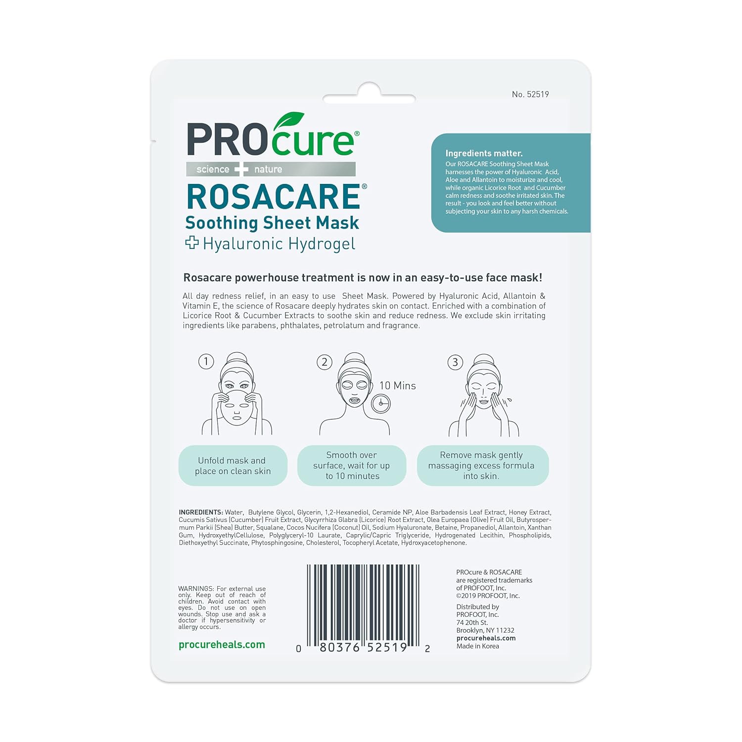 Rosacare Soothing Sheet Face Mask with Hyaluronic Hydrogel for Rosacea Symptoms, 5 Masks