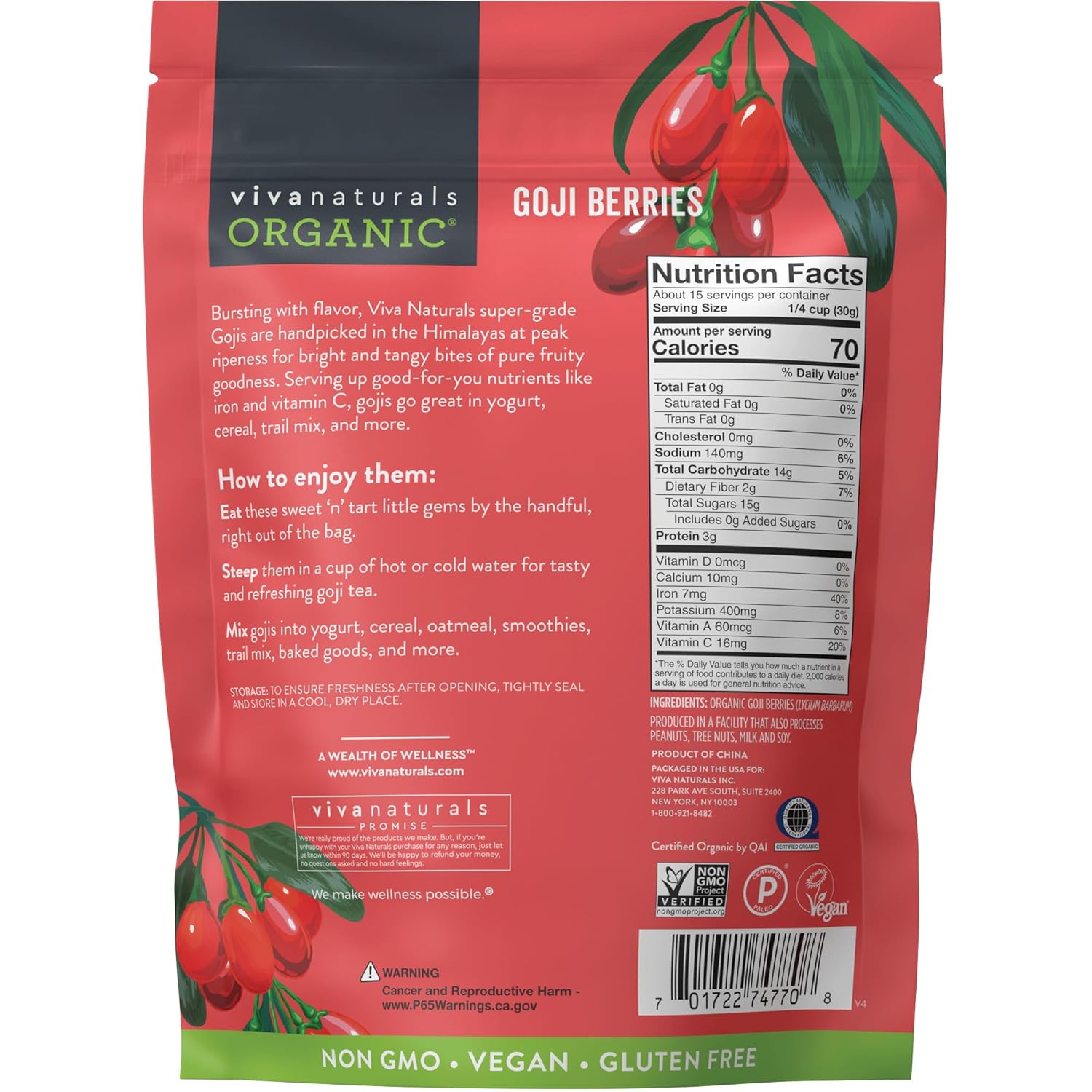 Organic Dried Goji Berries - Tea, Smoothies, Baking and Snacks