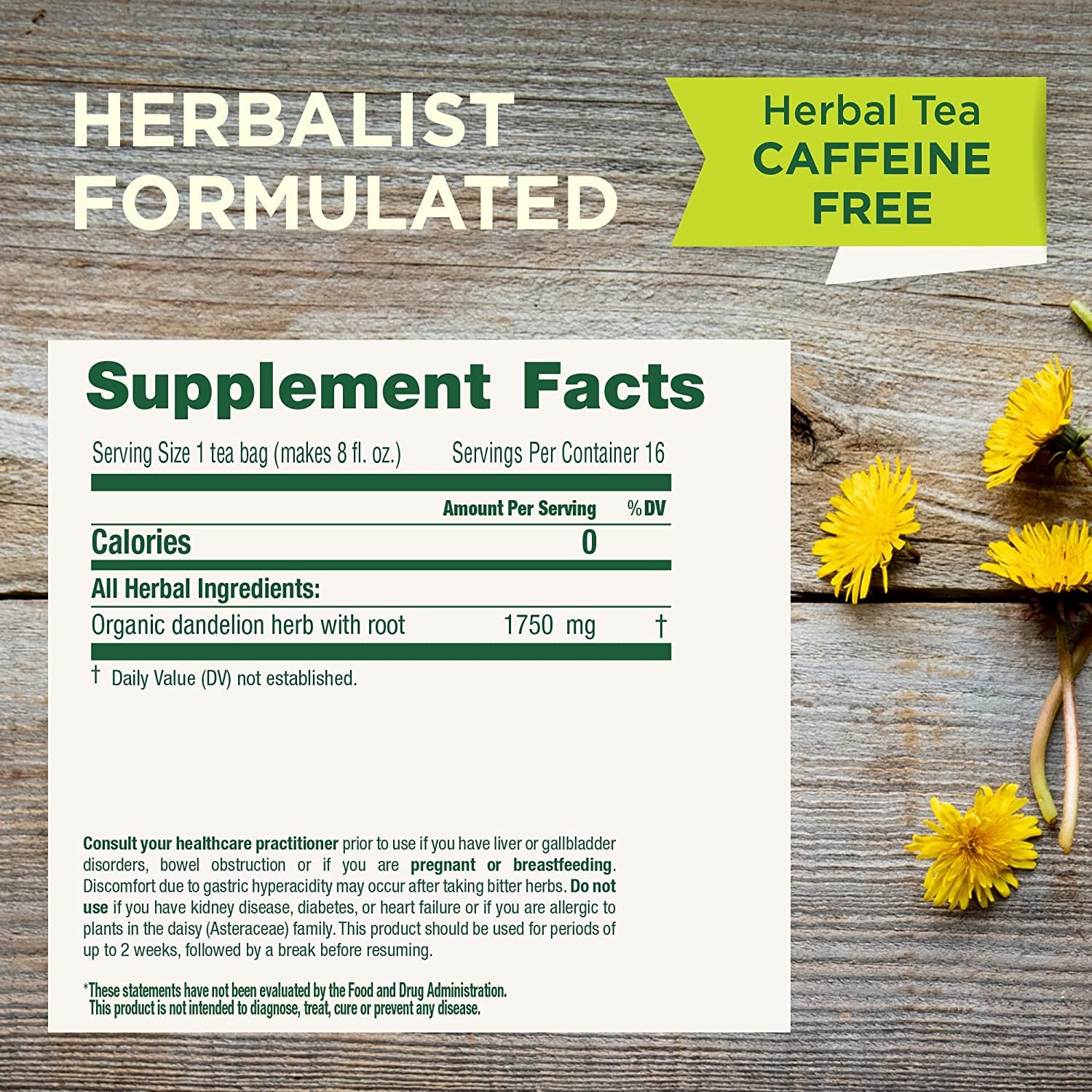 Organic Dandelion Leaf & Root Herbal Tea (Pack of 1), Supports Kidney Function and Healthy Digestion, 16 Tea Bags Total
