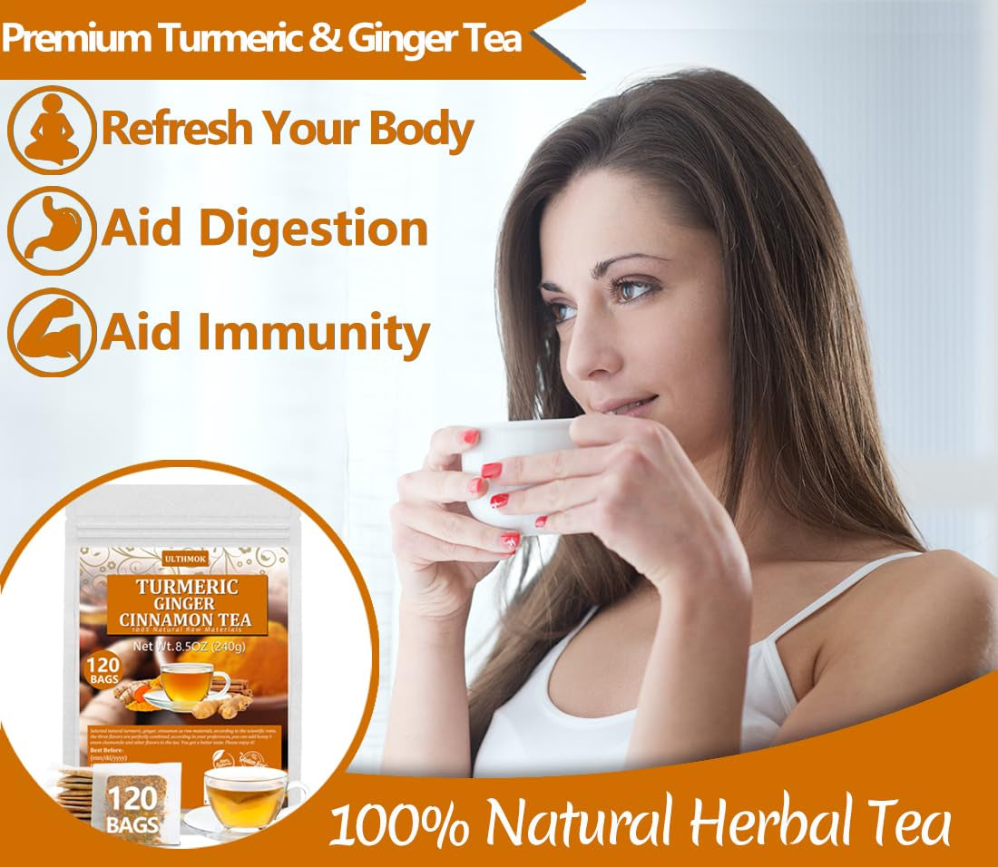 120 Premium Turmeric, Ginger, Cinnamon Blend Tea Bags, 100% Natural &amp; No Additives &amp; Caffeine Free.
