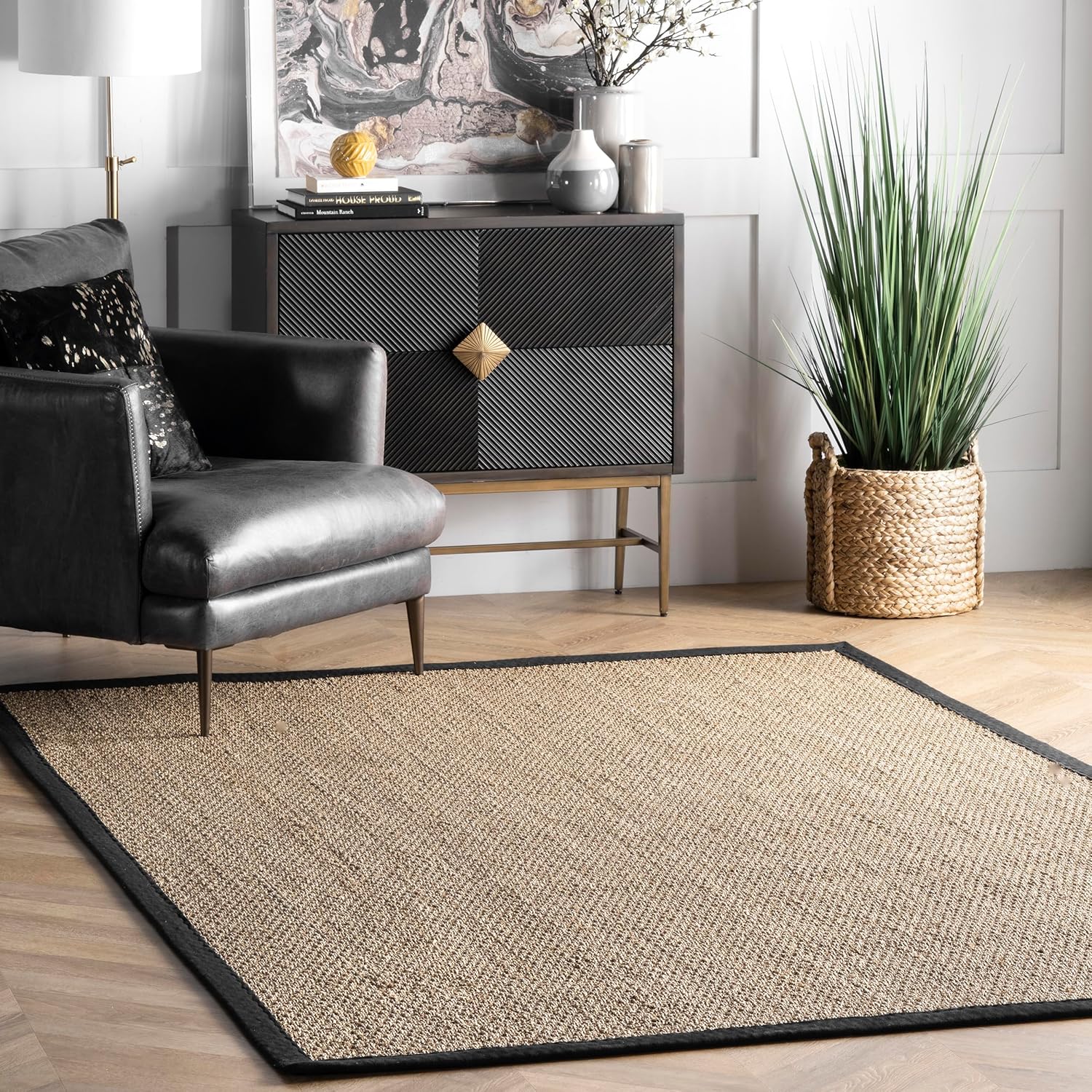 4X6 Elijah Seagrass Area Rug, Black, Solid Farmhouse Style 