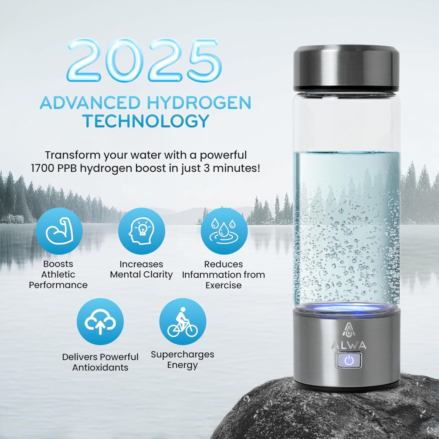 2025 Hydrogen Water Bottle W/Spe/Pem Technology – Borosilicate Glass &amp; Cleaning Brush for Travel, Portable Hydrogen Generator, 3-Min Quick Electrolysis, 1700 PPB Hydrogen-Rich Water for Daily Use