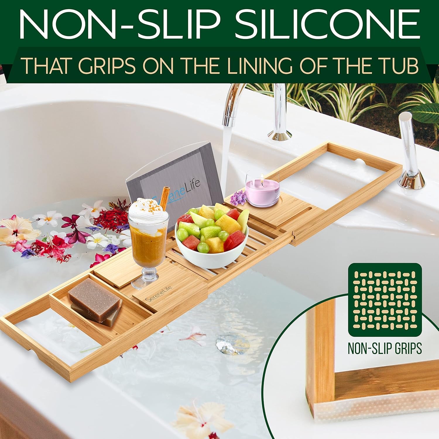 Luxury Bamboo Bathtub Caddy Tray - Adjustable Natural Wood Bath Tub Organizer 
