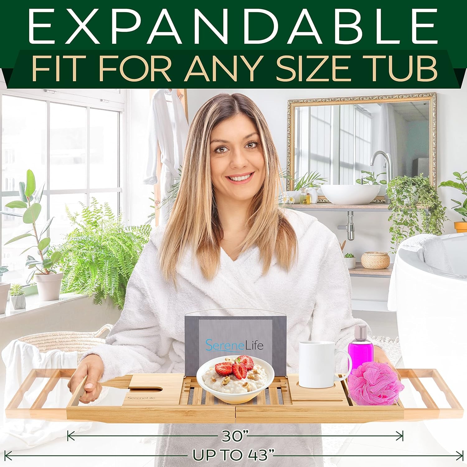 Luxury Bamboo Bathtub Caddy Tray - Adjustable Natural Wood Bath Tub Organizer 