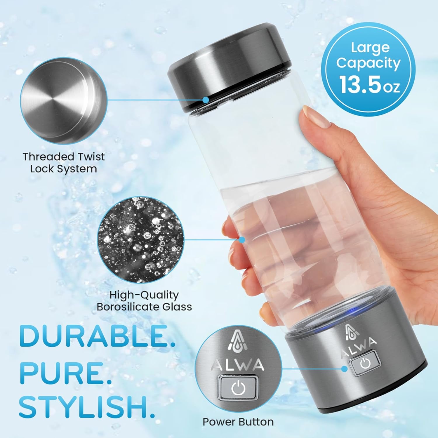 2025 Hydrogen Water Bottle W/Spe/Pem Technology – Borosilicate Glass &amp; Cleaning Brush for Travel, Portable Hydrogen Generator, 3-Min Quick Electrolysis, 1700 PPB Hydrogen-Rich Water for Daily Use